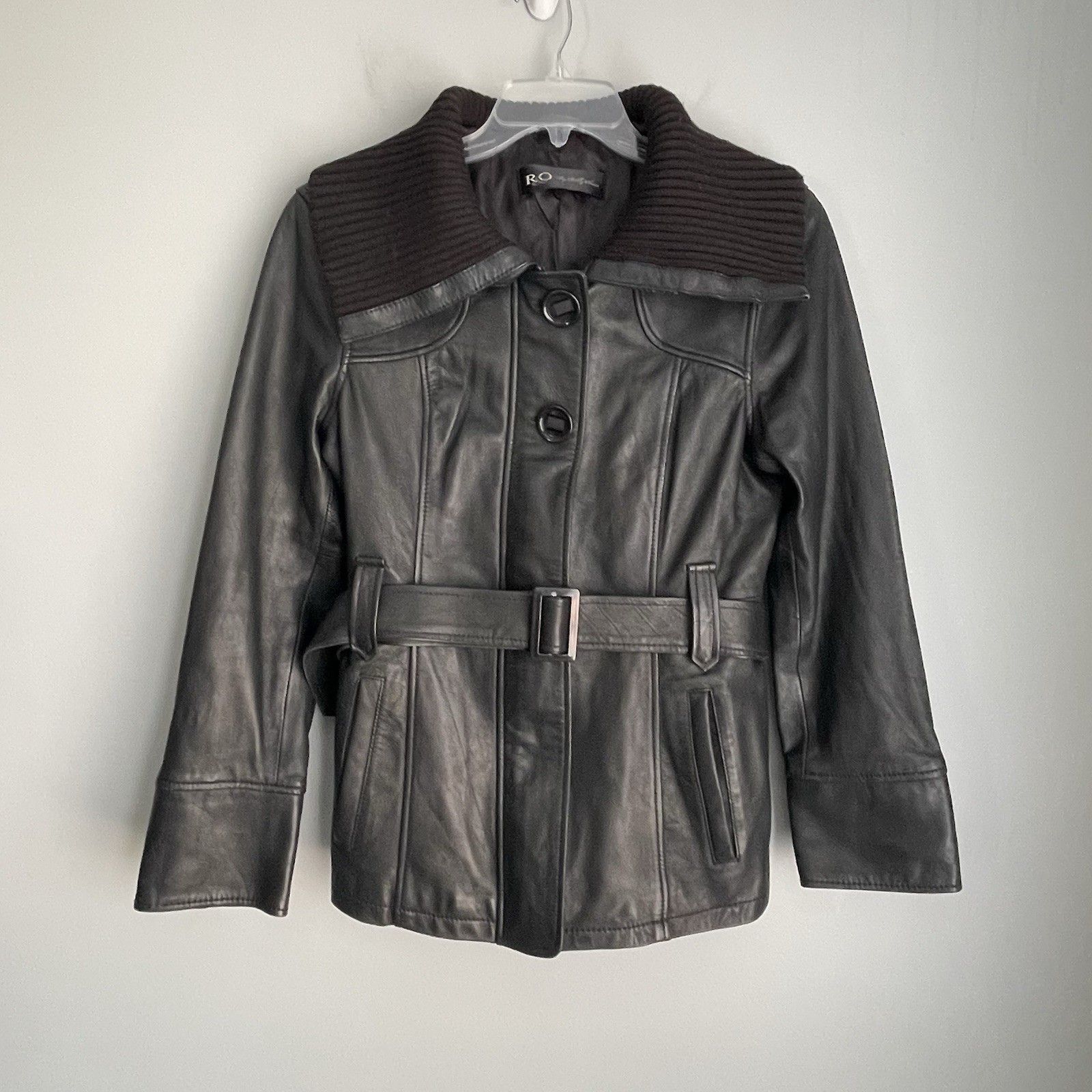 100 Genuine Leather Belted Jacket Womens Large Reilly Olmes Wide Knit Collar